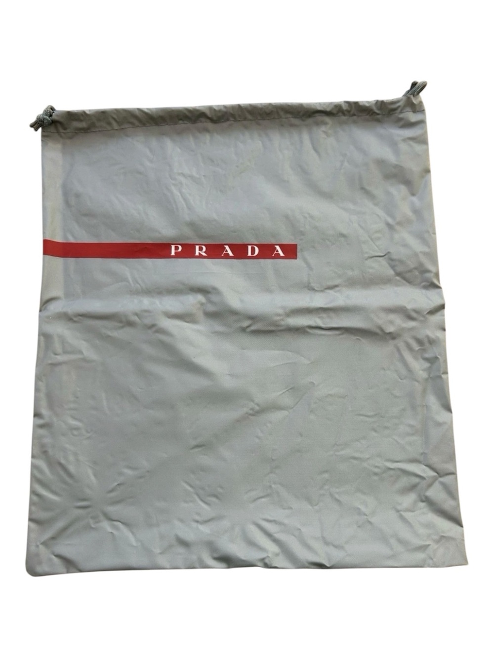 Prada Vinyl‎ Dust Storage Bag Silver Gray with Red Logo Drawstring 15” X 13”